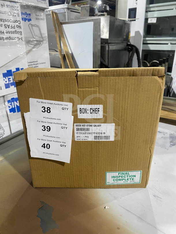 Boxed Bon Chef Galaxy Series 6 Qt Brazier Pot with Lid, Model 60030. Brand new, final inspection complete label visible.