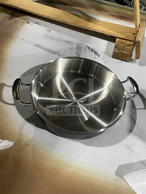 Brand new Bon Chef Galaxy Series stainless steel 6 qt induction brazier pot, model 60030, with handles and lid.