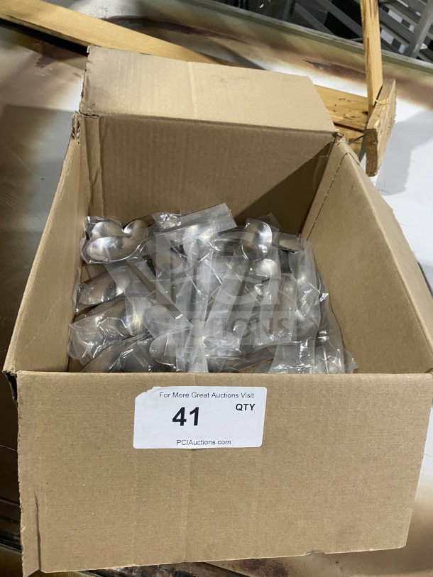 Brand new commercial stainless steel teaspoons in bulk box, individually wrapped, large quantity, auction tag shows item 41.