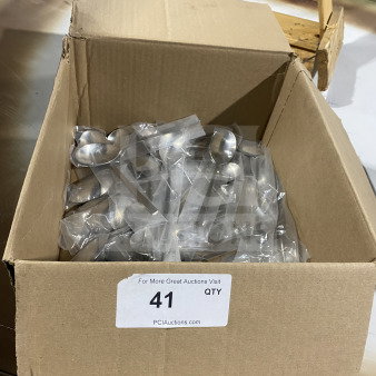 Brand new commercial stainless steel teaspoons in bulk box, individually wrapped, large quantity, auction tag shows item 41.