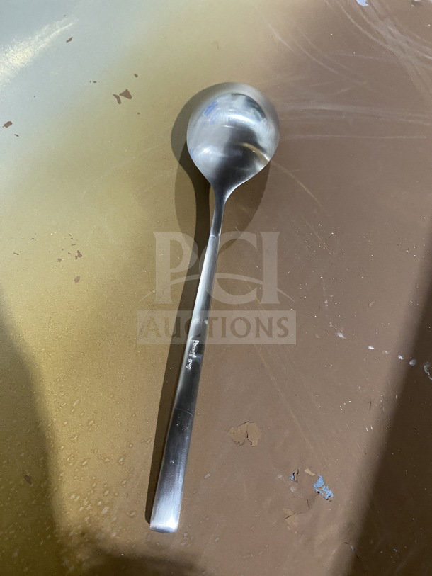 Brand new commercial stainless steel teaspoon, polished finish, visible Brand Brandy Marte marking on handle.