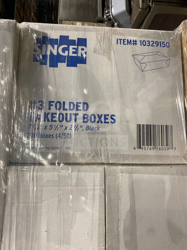 AmeriCareRoyal FTB3BK black takeout box, 7.15x5.5x2.5", brand new in packaging, model visible, 200 boxes per case.