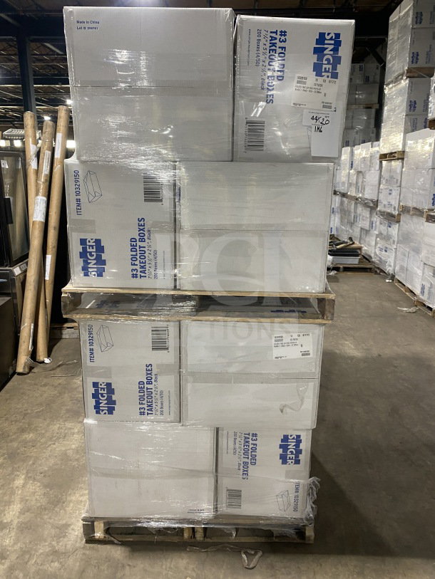 Pallet of brand new AmeriCareRoyal FTB3BK black folded takeout boxes, 7.15x5.5x2.5", packed in bulk.