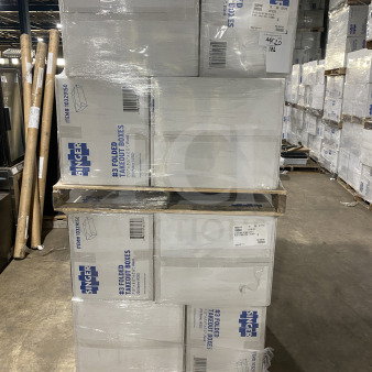 Pallet of brand new AmeriCareRoyal FTB3BK black folded takeout boxes, 7.15x5.5x2.5", packed in bulk.