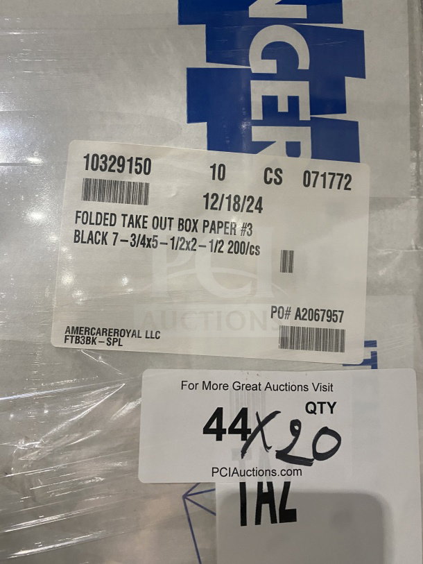AmeriCareRoyal black takeout box FTB3BK, dimensions 7.15x5.5x2.5", new condition. Visible labels with model and quantity details.