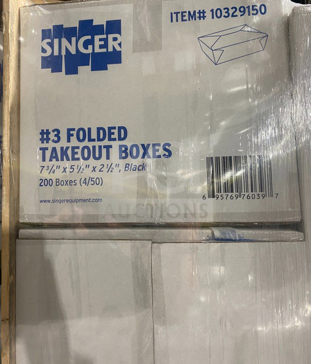 Brand new AmeriCareRoyal FTB3BK black takeout boxes, 7.15x5.5x2.5", commercial use, packaged as 200 boxes per case.