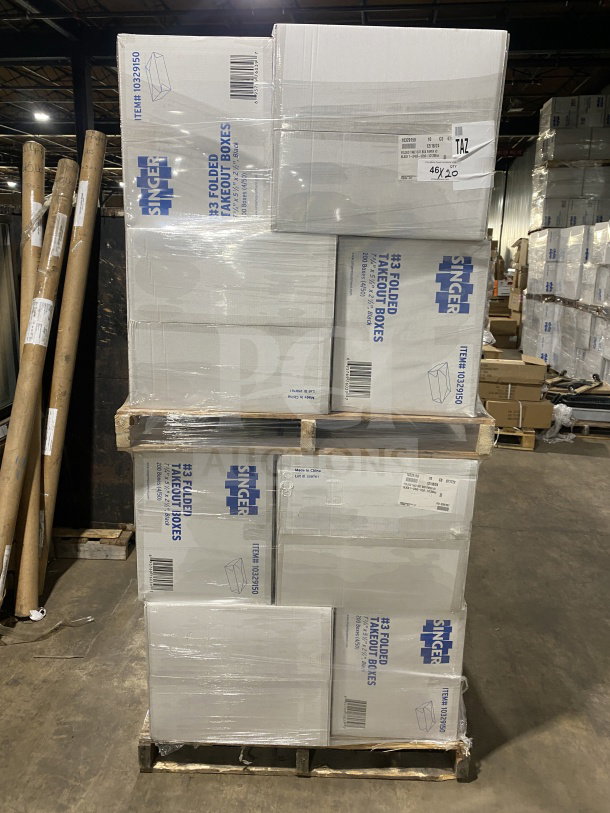 AmeriCareRoyal Model FTB3BK takeout boxes on pallet, packaged in original cases. Brand new, commercial black, folded design.