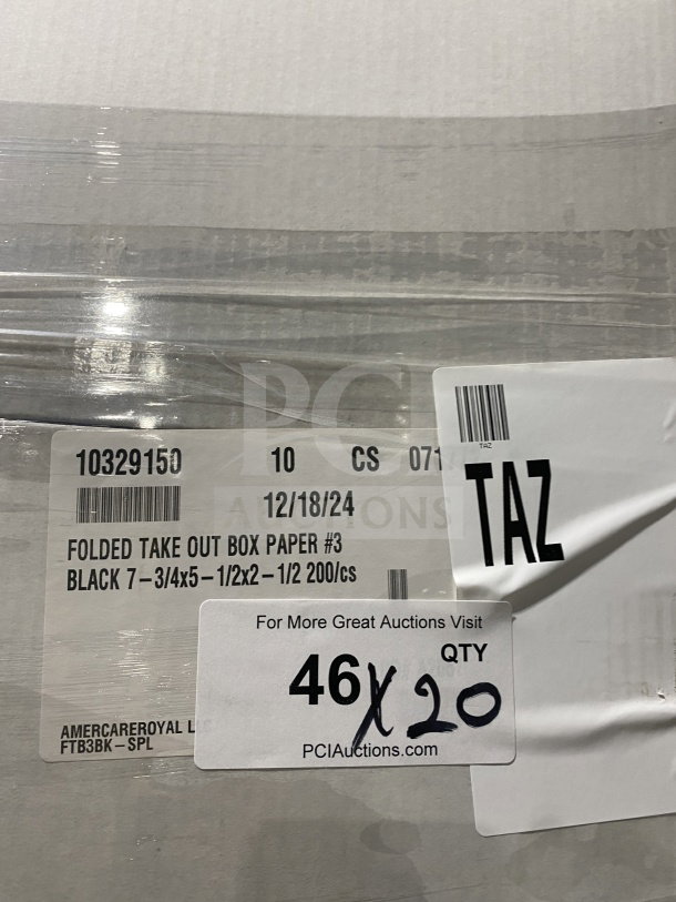 AmeriCareRoyal FTB3BK black takeout box, 7.15x5.5x2.5", new. Box label: Folded takeout, 200/cs, date 12/18/24.