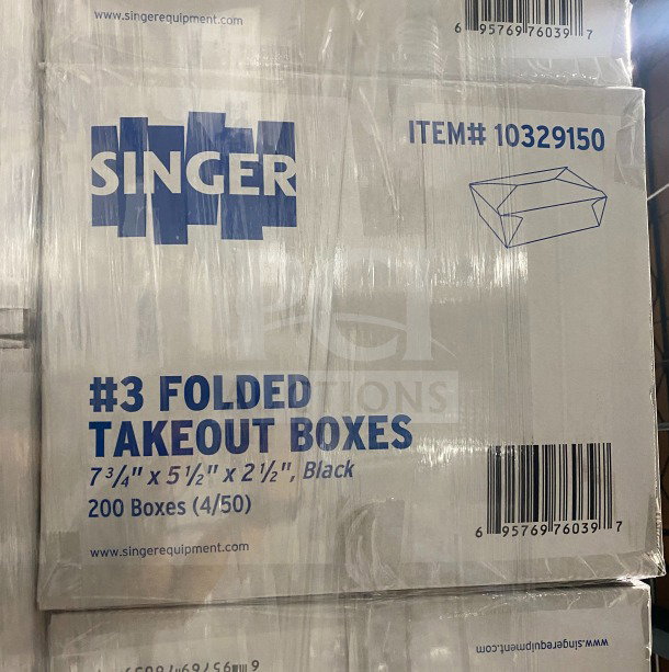 AmeriCareRoyal FTB3BK black takeout box pack, 7.15x5.5x2.5 inches, model FTB3BK, 200 boxes, new condition, packaging marked.