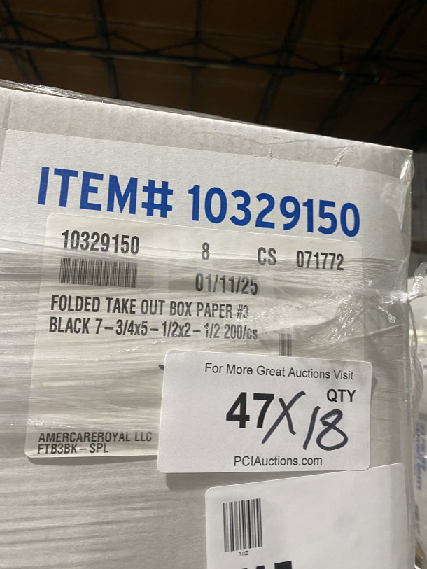 Brand new AmeriCareRoyal FTB3BK takeout box, black, 7.15x5.5x2.5 inches, commercial use, unopened packaging with labels.