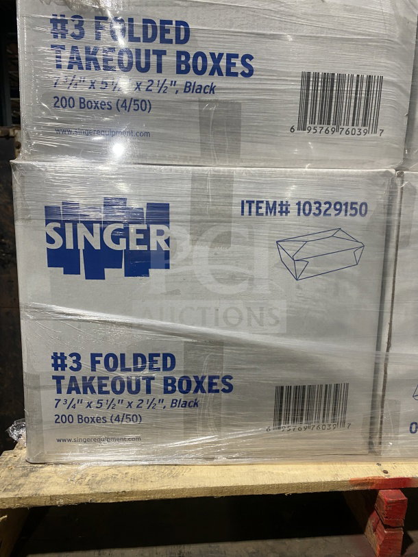 AmeriCareRoyal FTB3BK black folded takeout box, brand new, 7.15x5.5x2.5 inches, 200 count packaging.