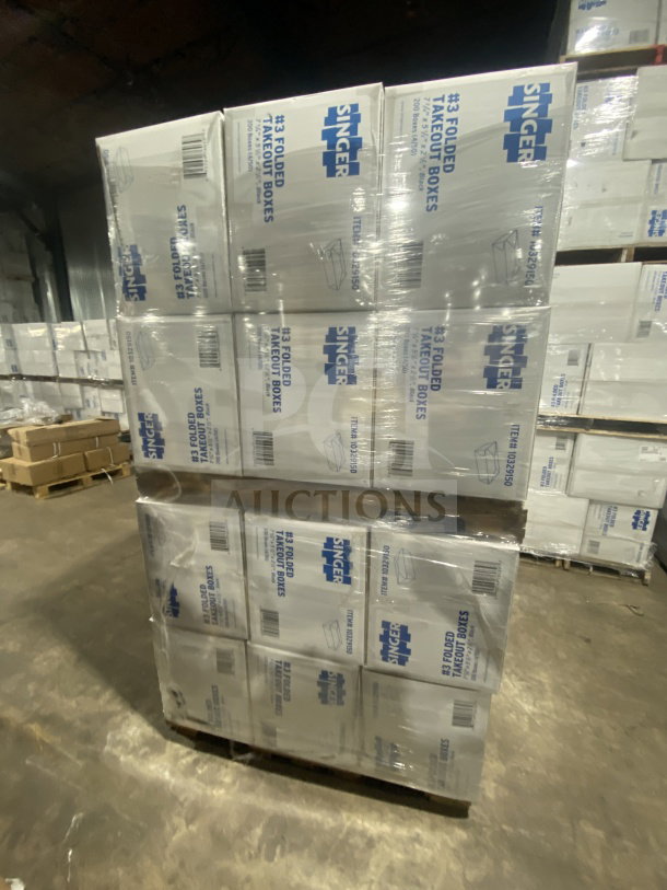 Pallet of AmeriCareRoyal FTB3BK takeout boxes, commercial black, new condition, 7.15x5.5x2.5", in warehouse.