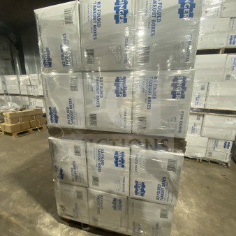 Pallet of AmeriCareRoyal FTB3BK takeout boxes, commercial black, new condition, 7.15x5.5x2.5", in warehouse.