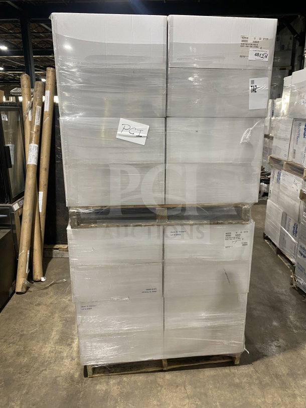 Brand new AmeriCareRoyal FTB3BK black folded takeout boxes stacked on a pallet, wrapped in plastic, Model FTB3BK.