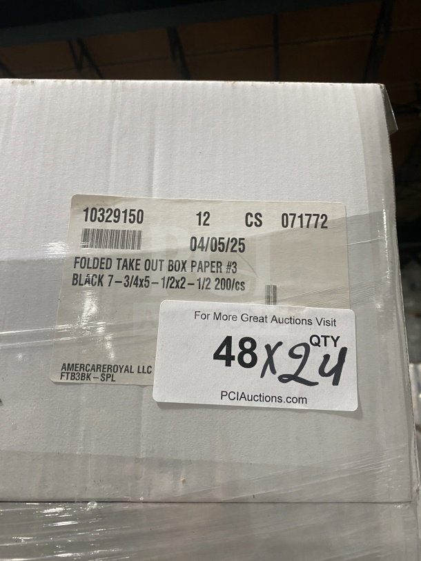 AmeriCareRoyal black takeout box, model FTB3BK, new, 7.15x5.5x2.5 inches, 200 per case, 48x24 lot.