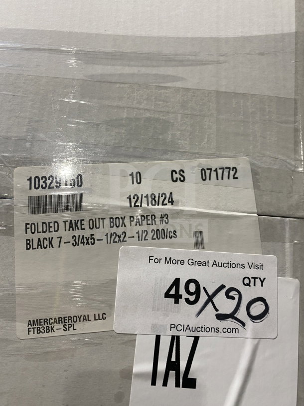 AmeriCareRoyal Commercial Black Takeout Box, Model FTB3BK, 7.15x5.5x2.5", new, packaging label shows quantity and specs.