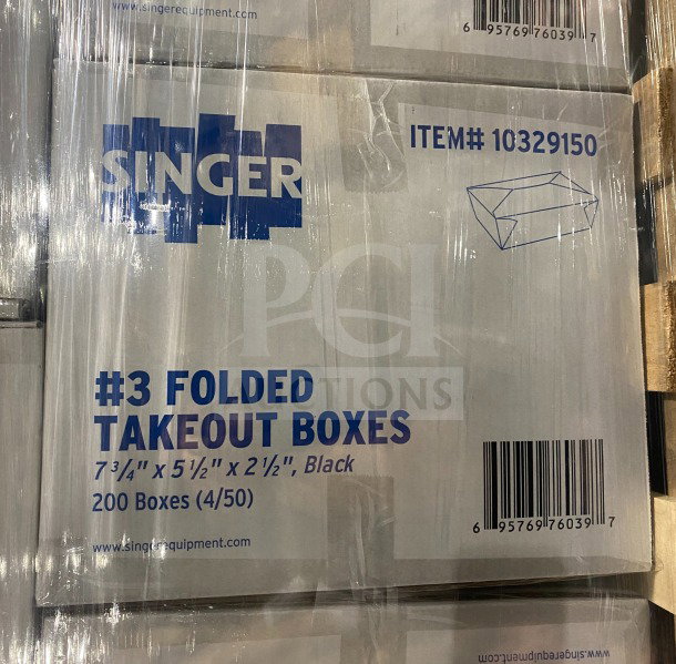 AmeriCareRoyal black takeout boxes, model FTB3BK, dimensions 7.15x5.5x2.5", 200 boxes per package, new condition.