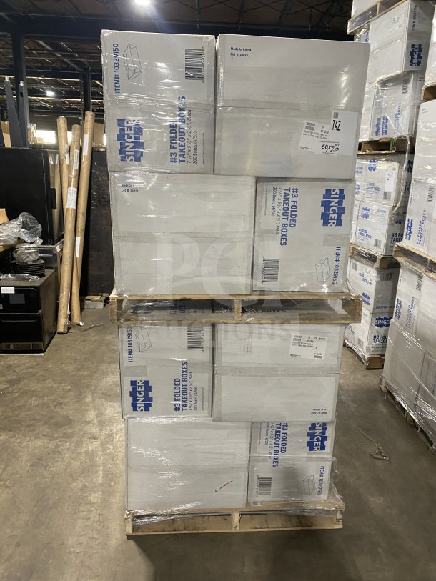 Brand new AmeriCareRoyal FTB3BK takeout boxes, commercial black, folded, dimensions 7.15x5.5x2.5 inches, on a pallet.