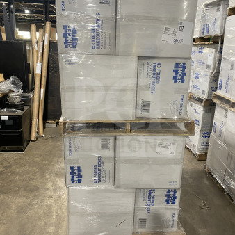 Brand new AmeriCareRoyal FTB3BK takeout boxes, commercial black, folded, dimensions 7.15x5.5x2.5 inches, on a pallet.