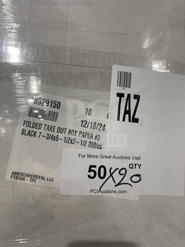 AmeriCareRoyal FTB3BK black folded takeout box, 7.15x5.5x2.5", model FTB3BK, brand new condition. Box of 200.