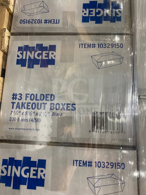 Alt text: AmeriCareRoyal FTB3BK black folded takeout box, 7.15x5.5x2.5 inches. Sealed packaging, marked as item #10329150.