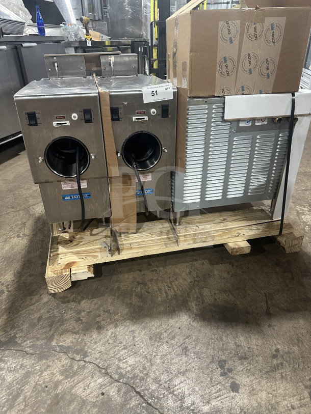 New Taylor RD3012 stainless steel frozen beverage dispenser, dual-flavor, 115V, 1 phase, on a pallet. Serial: N5046213.