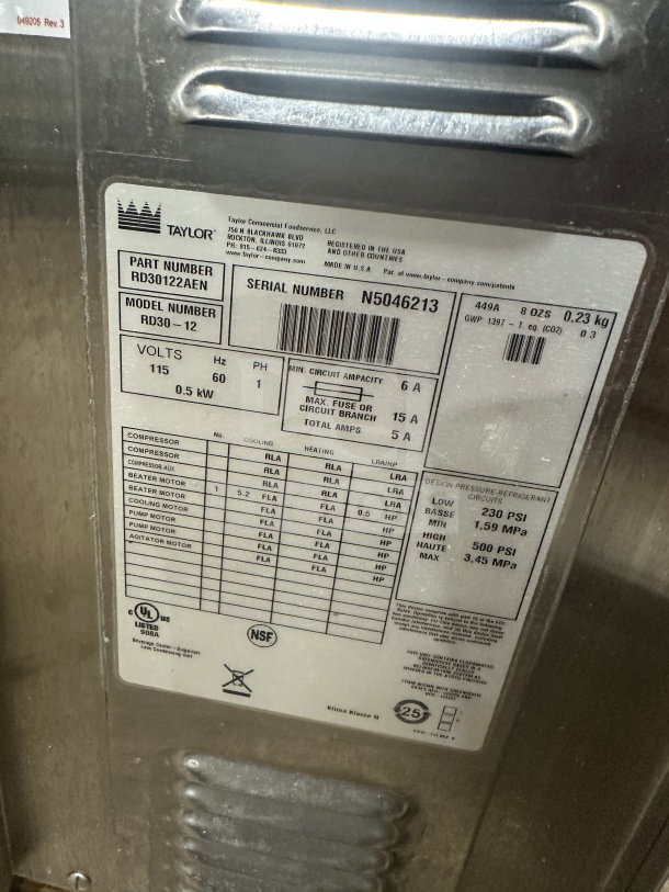 Brand new Taylor RD3012 stainless steel frozen beverage dispenser. Electric, double-flavor, 115V, 1 phase. SN: N5046213.