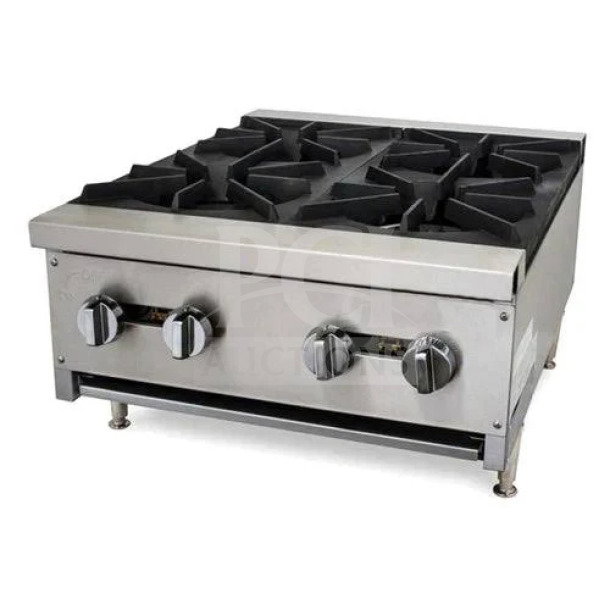 BRAND NEW CookLine CHP-244 stainless steel gas 4-burner countertop hot plate on legs. Model: CHP-24-4, SN: 2404093205.