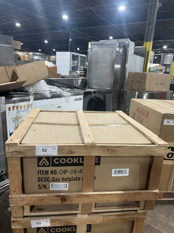 Brand new CookLine commercial stainless steel 4-burner gas hot plate, model CHP-244, in original packaging.