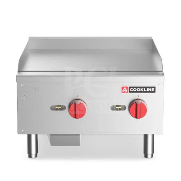 CookLine 24" stainless steel gas griddle, model CHP244, with manual control, red knobs, and legs. Brand new condition.