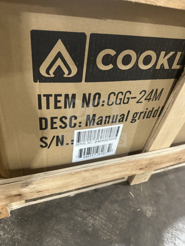 CookLine 24" stainless steel gas griddle, model CGG-24M, in new condition. Features manual control, on legs. Serial 7405064364.