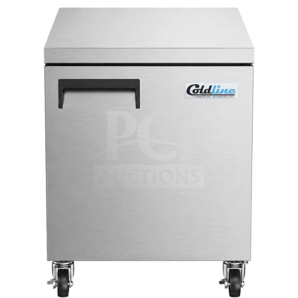 Brand new ColdLine UC27R 27" stainless steel undercounter refrigerator with solid door, poly coated rack, on casters.