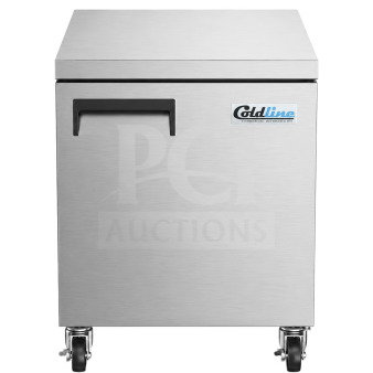 Brand new ColdLine UC27R 27" stainless steel undercounter refrigerator with solid door, poly coated rack, on casters.
