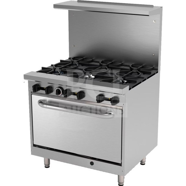 Brand new Kutano 36" stainless steel 6-burner range, Model KUT6BRN36NG, featuring a standard oven and chrome rack.