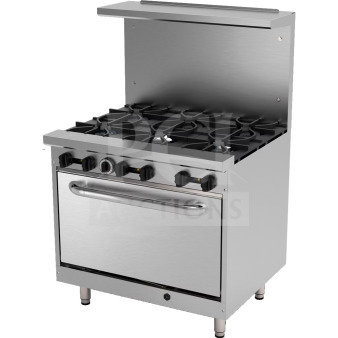 Brand new Kutano 36" stainless steel 6-burner range, Model KUT6BRN36NG, featuring a standard oven and chrome rack.