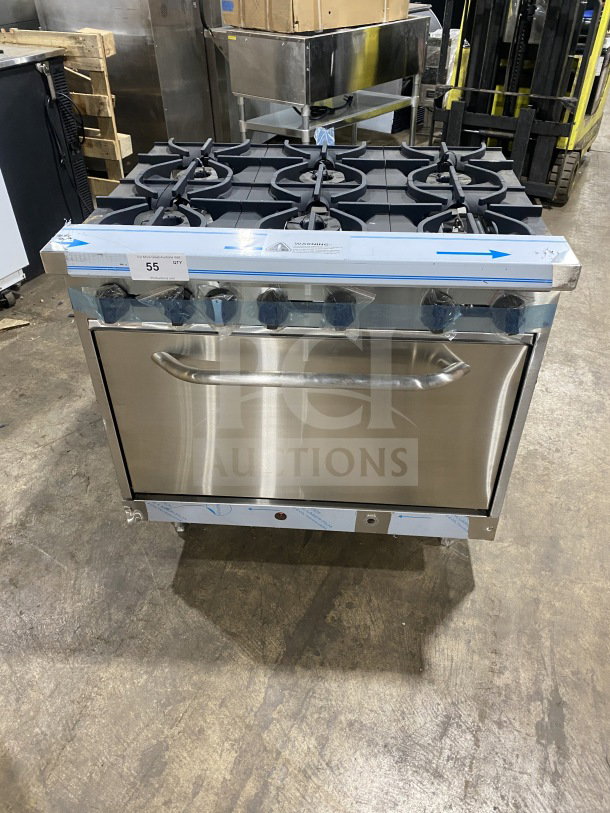 Brand new Kutano 36" stainless steel 6-burner range with oven, model KUT6BRN36NG. Natural gas, chrome rack, on legs.