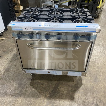Brand new Kutano 36" stainless steel 6-burner range with oven, model KUT6BRN36NG. Natural gas, chrome rack, on legs.