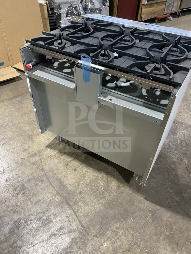 Brand new Kutano 36" commercial 6-burner range, stainless steel, model KUT6BRN36NG, natural gas, standard oven, on legs.