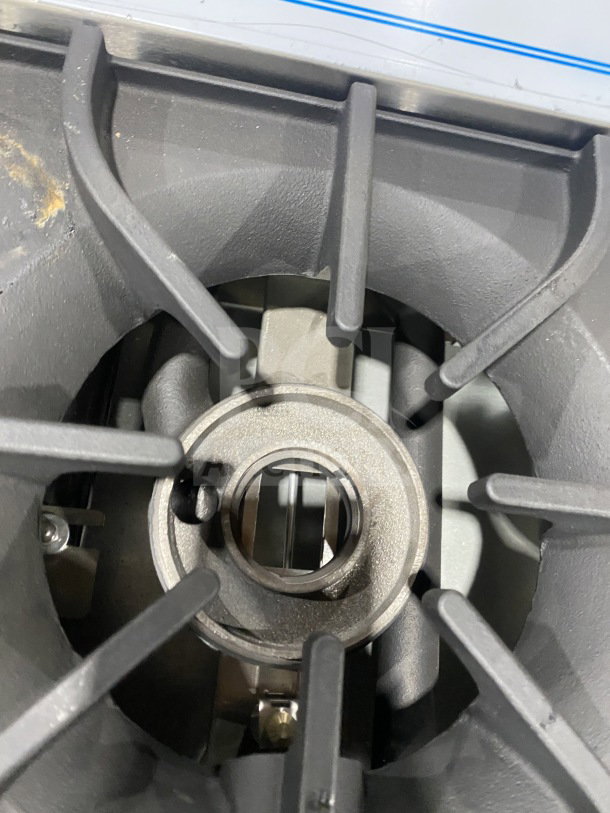 Close-up of a Kutano 36" commercial stainless steel natural gas burner from model KUT6BRN36NG, showing detailed components.