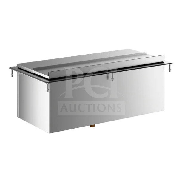 Brand new commercial stainless steel drop-in ice bin with sliding lid. Durable construction, ideal for restaurants and bars.