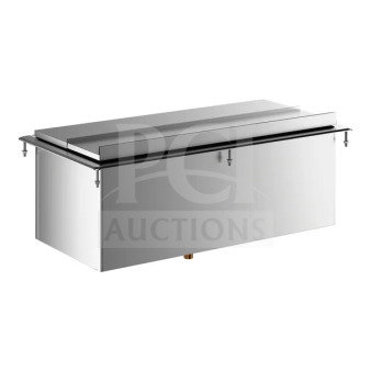 Brand new commercial stainless steel drop-in ice bin with sliding lid. Durable construction, ideal for restaurants and bars.
