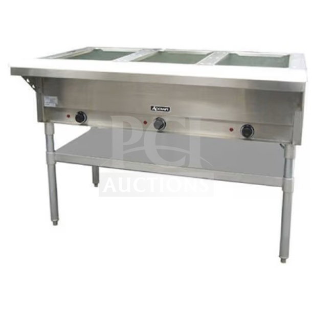 Brand new Adcraft ST1203 stainless steel 3-pan steam table, electric-powered, with undershelf storage; 120V, 1 phase.