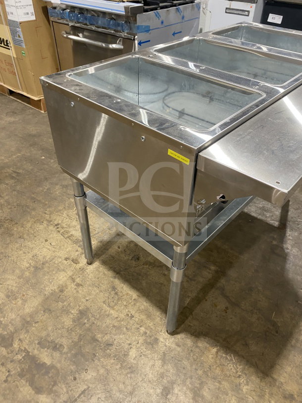 Adcraft ST-120/3 stainless steel steam table with 3 pans, undershelf storage, and legs; brand new, 120V, 1 phase.