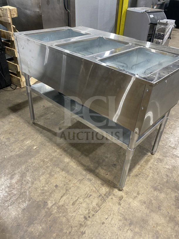 Adcraft stainless steel electric 3-pan steam table with undershelf, model ST-120/3, 120V, 1 phase, brand new condition.