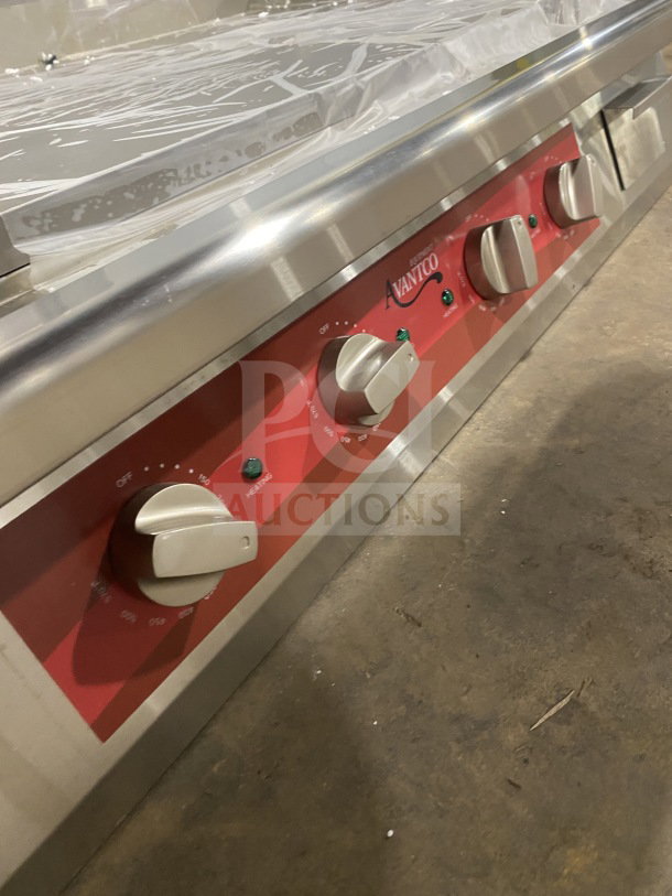 Brand new Avantco 48" stainless steel electric countertop griddle, model 177EG48N, with back and side splash.