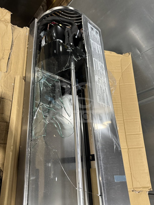 Brand new Hoshizaki 83" refrigerated display case, model HNC-210BA-L-SLH, with broken curved glass and left-side compressor.