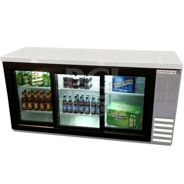 Brand new Beverage-Air 72” back bar merchandiser refrigerator, model BB72HC-1-F-GS-S-27-ALT, stainless steel, triple sliding glass doors.