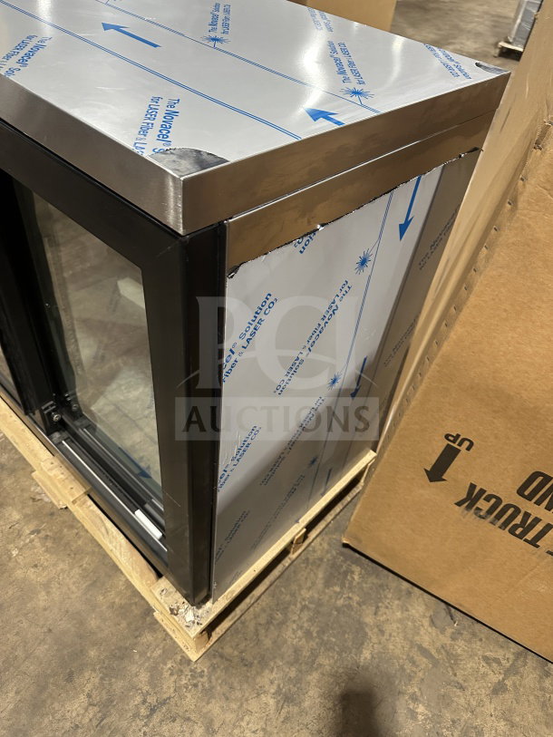 Beverage-Air triple sliding glass door back bar merchandiser, model BB72HC-1-F-GS-S-27-ALT, in new condition, stainless steel finish.