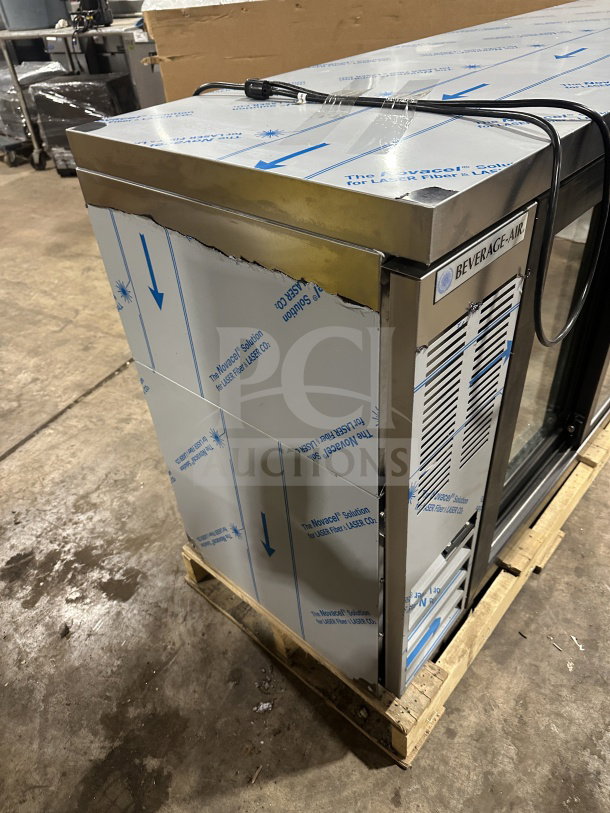 Beverage-Air stainless steel triple sliding glass door back bar refrigerator, Model BB72HC-1-F-GS-S-27-ALT, new in packaging.
