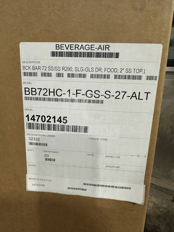 Beverage-Air commercial triple sliding glass door refrigerator, model BB72HC-1-F-GS-S-27-ALT, new with tags, SN: 14702145.